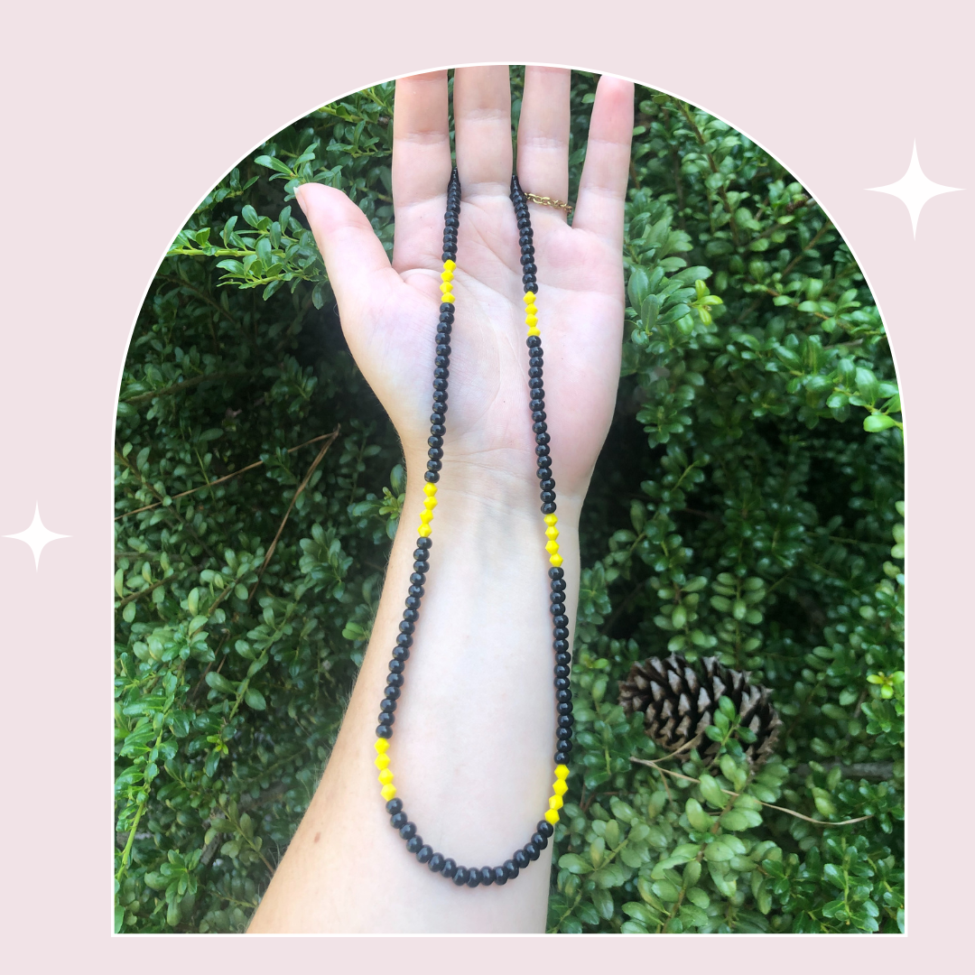 Black Glass and Yellow Beaded Necklace