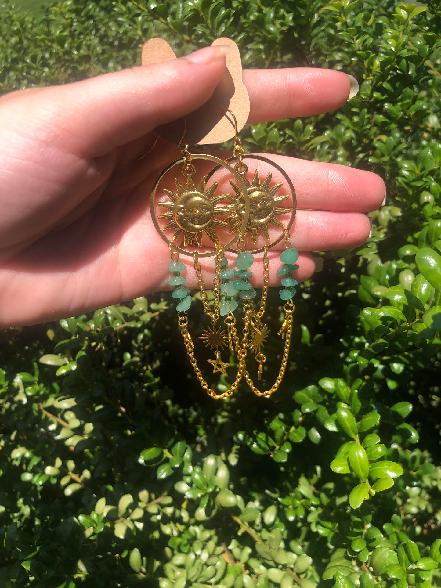 Gold Sun and Moon Earrings with Green Stones and Chains